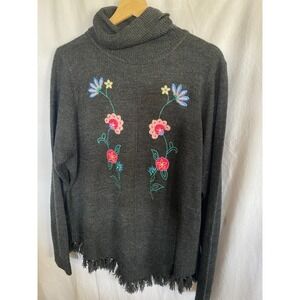 Women's Gray Sweater with Floral Design and Fringe Turtle Neck‎ Size XL
